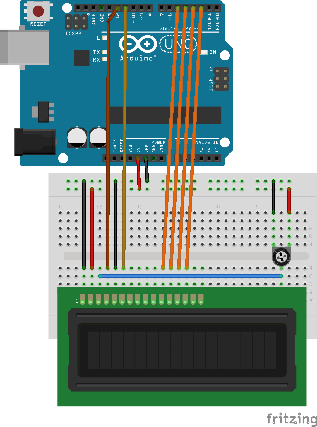 Circuit Diagram of Interfacing 16x2 LCD in Arduino