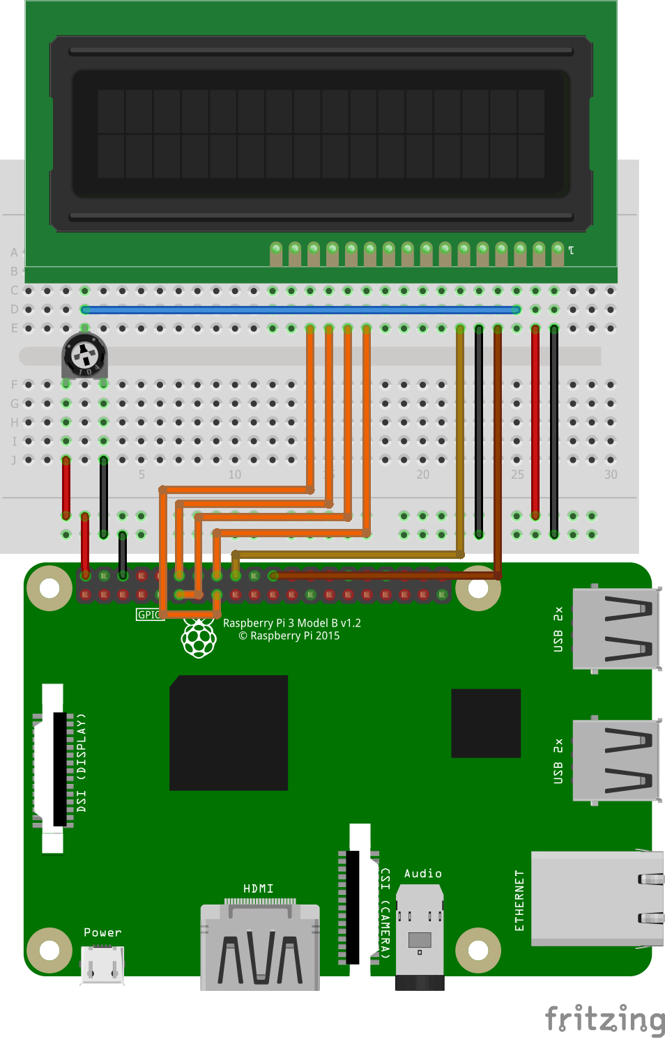 Circuit of 16x2 character LCD in Raspberry Pi