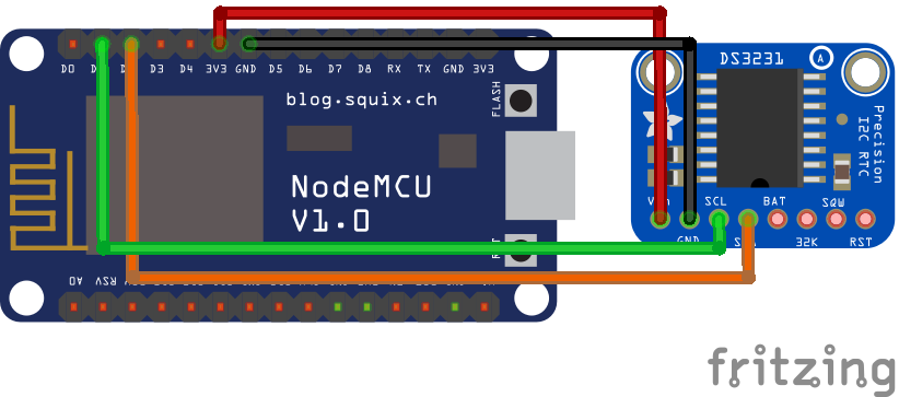 Circuit diagram of interfacing DS3231 RTC Module with NodeMCU